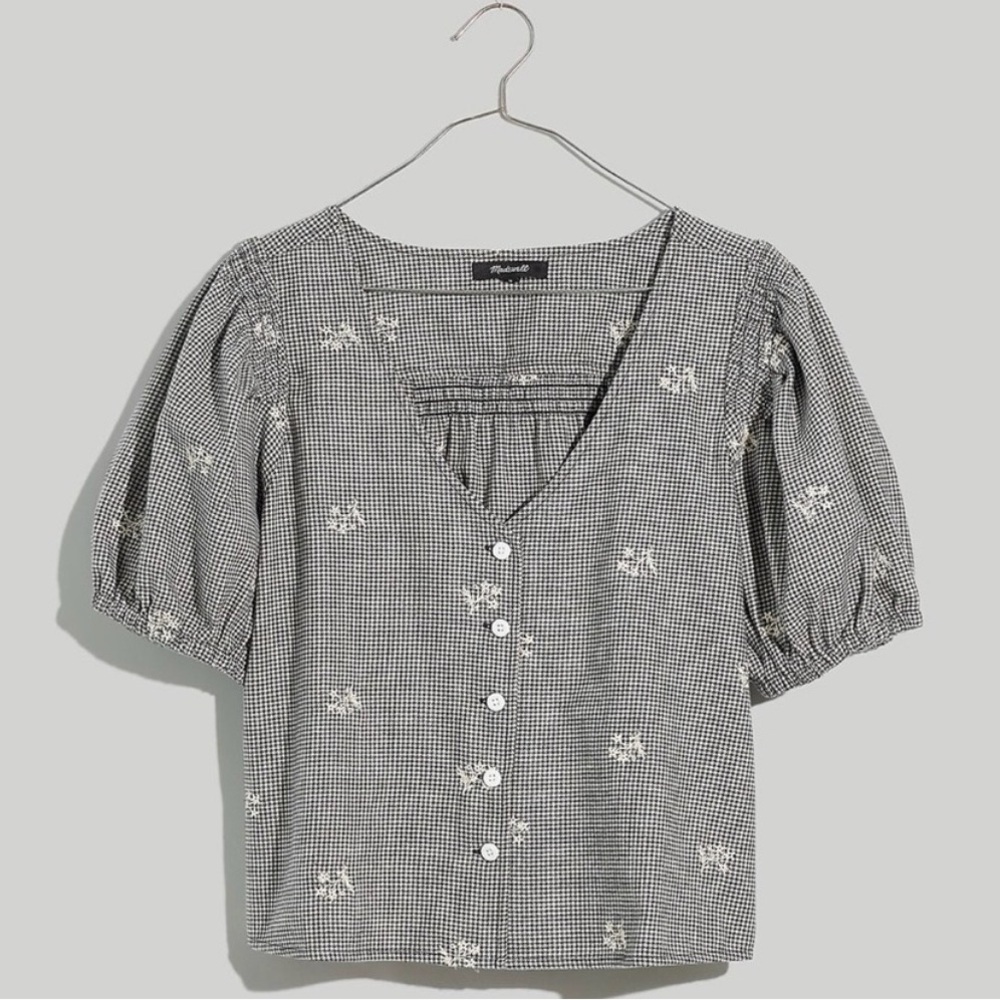 Madewell Black Gingham Floral Blouse S Embroidered Puff Sleeve Cottagecore Top